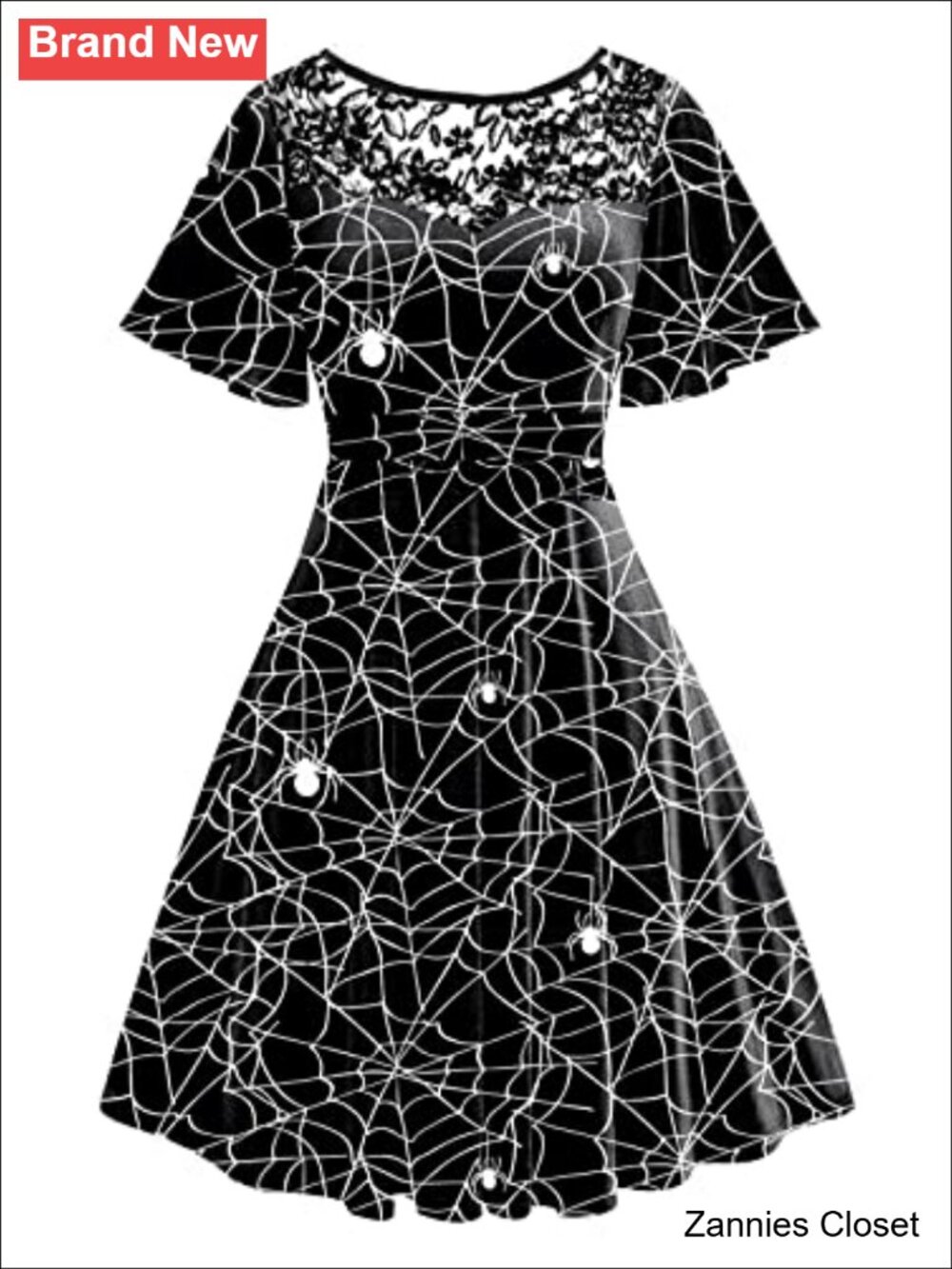 👻 Women Halloween Lace Flutter Sleeve A-Line Party Dress